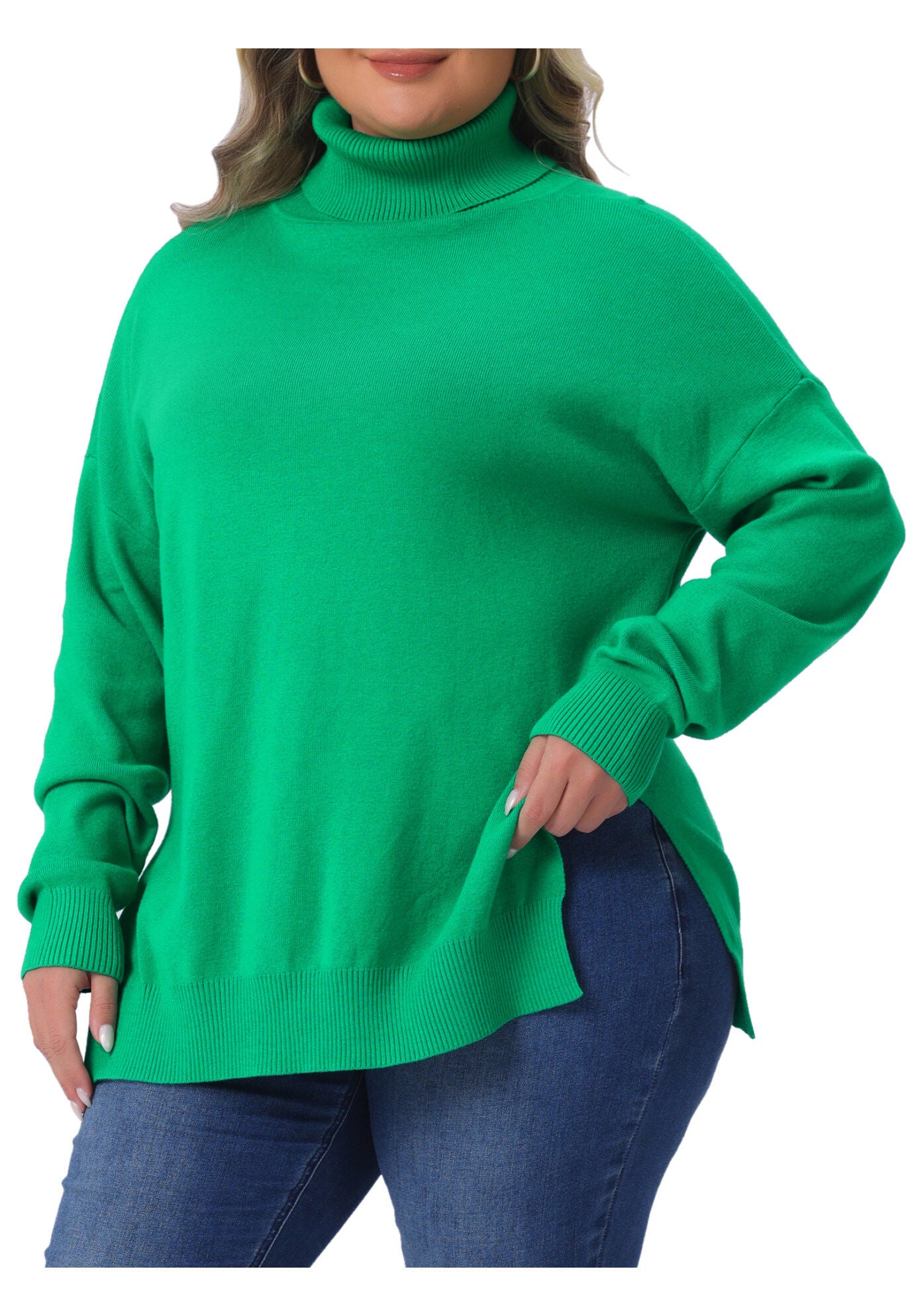 Turtle Neck Side Slit Casual Pullover Knit Top, Green / Kelly Green, alternate image number 1