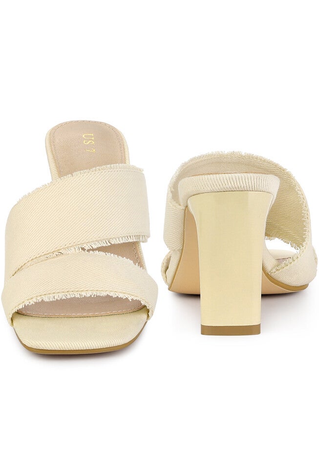 Denim Sandals Chunky Heels Slides Mules, Beige / Beige, alternate image number null