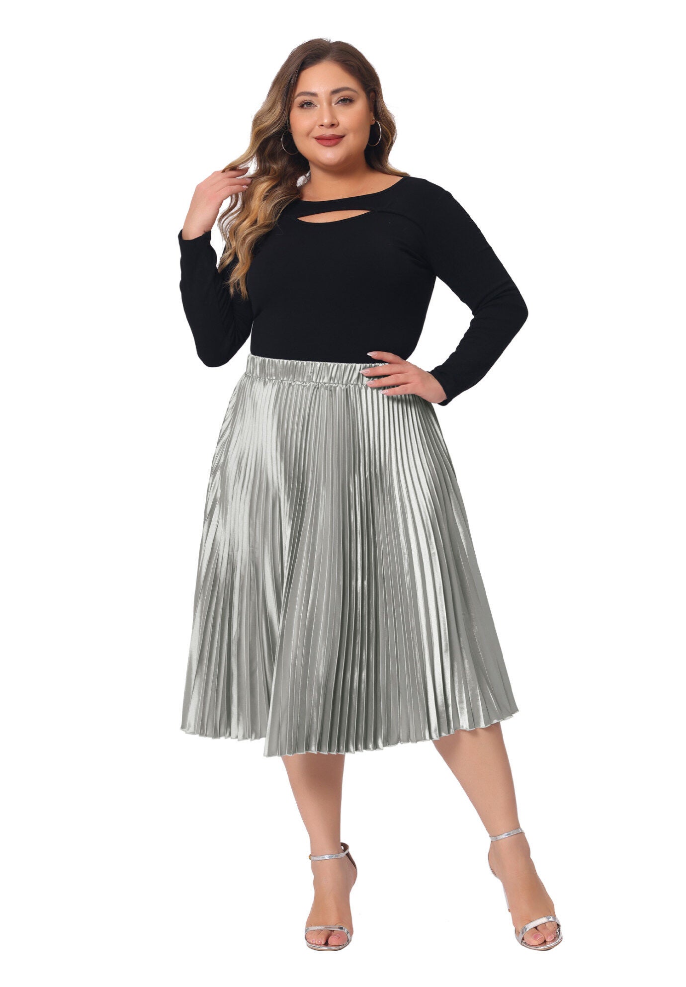 Elastic High Waist Metallic Shiny Accordion Pleated Midi Skirt, Silver / Silver, hi-res image number 0
