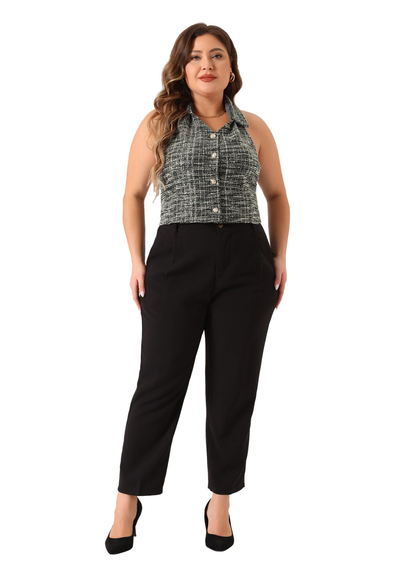 VINTAGE TWEED HALTER NECK SINGLE BREASTED VEST, Black / Black, hi-res image number 0