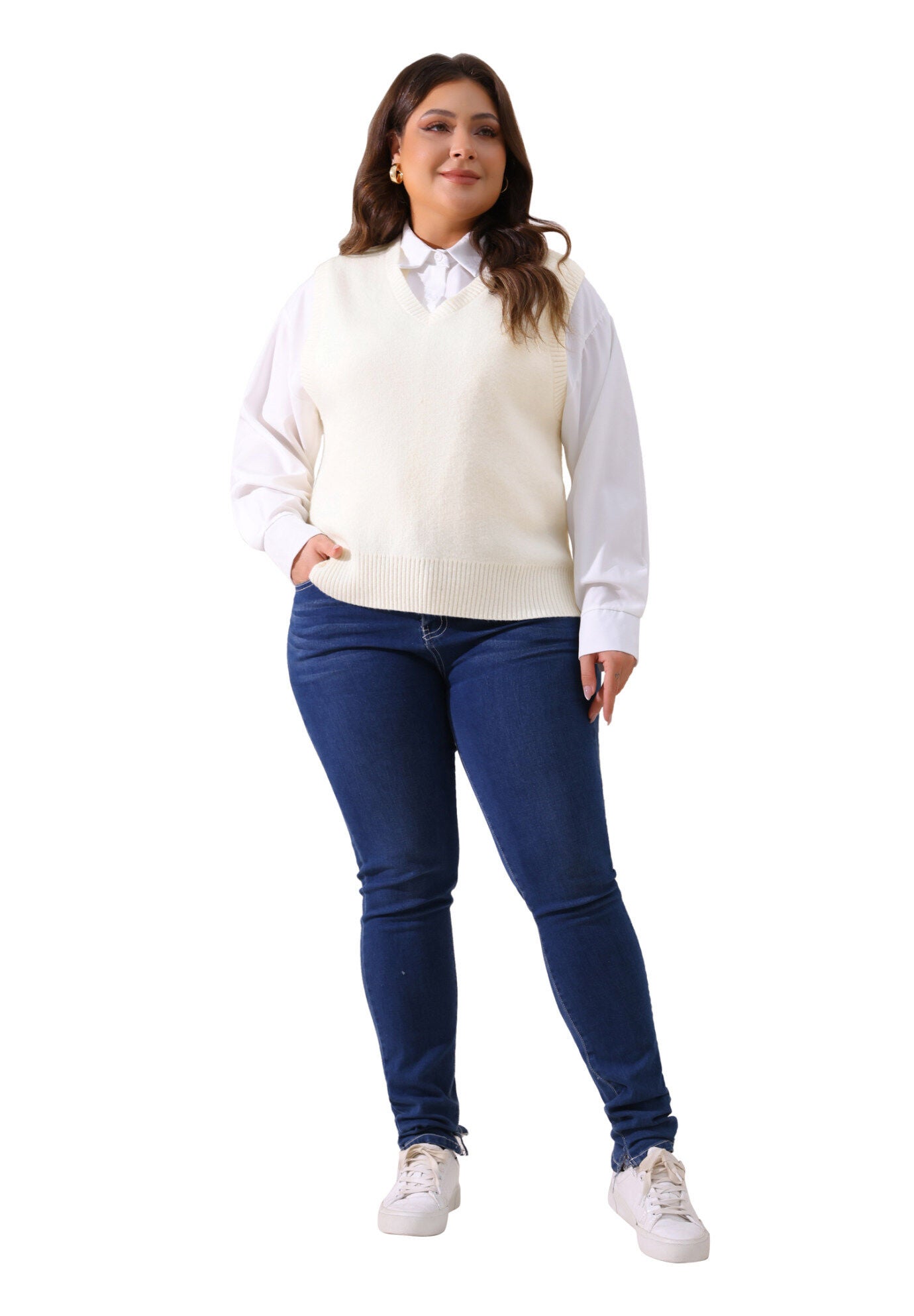 V Neck Knit Vest Sleeveless Pullover Sweater Top, White / White, hi-res image number 0