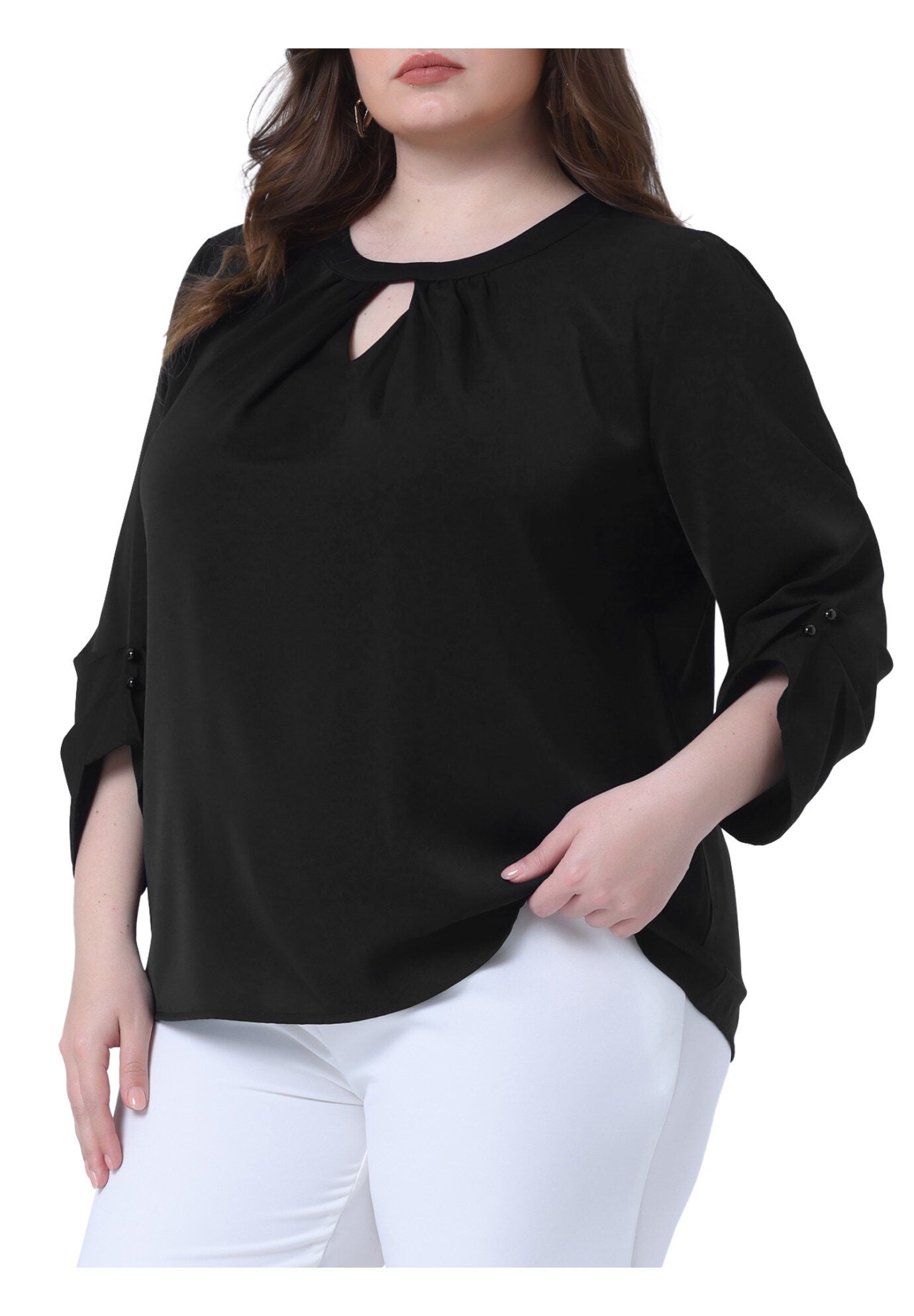 Crewneck Keyhole 3/4 Sleeve Pleated Blouse Shirt, Black / Black, alternate image number 1