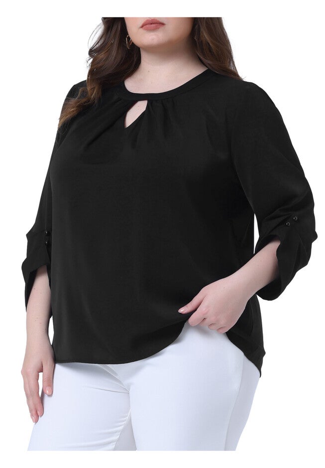 Crewneck Keyhole 3/4 Sleeve Pleated Blouse Shirt, Black / Black, alternate image number 1