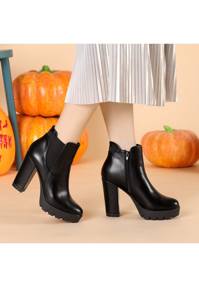 CHUNKY HIGH HEEL PLATFORM ANKLE BOOTIES, Black / Black, alternate image number 1