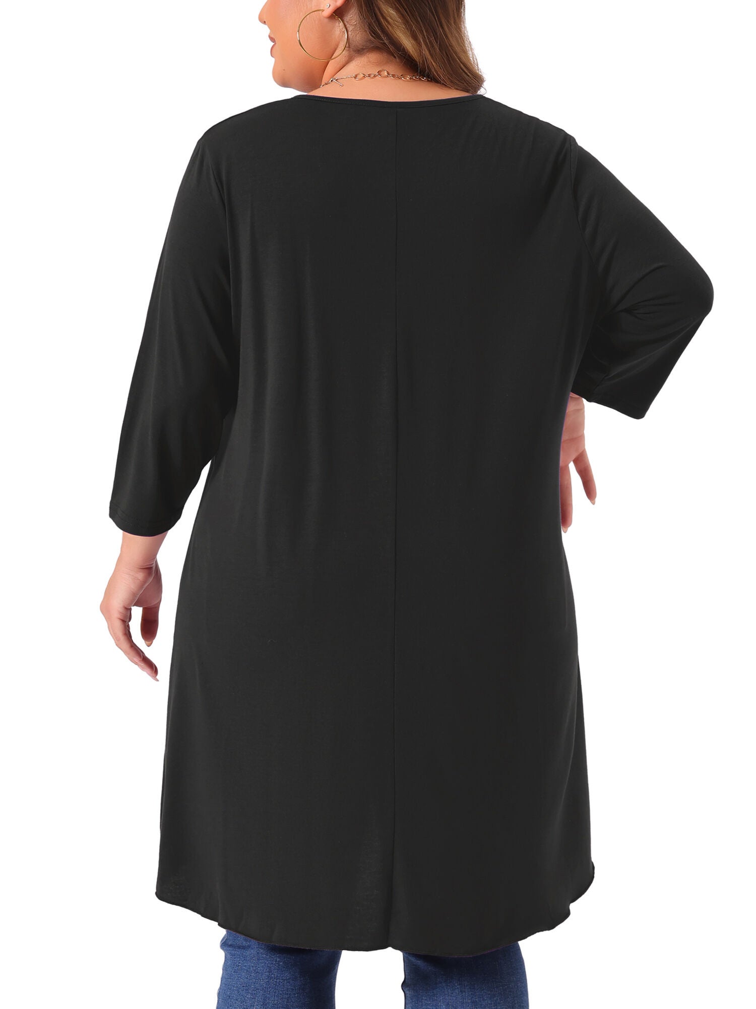 3/4 Sleeve Buttons Crew Neck High Low Loose Fit Tunic Top, Black / Black, alternate image number 1