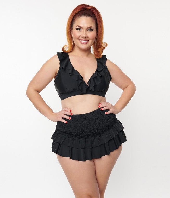 Unique Vintage Plus Size Black Ruffle Swim Top, Black / Black, alternate image number null