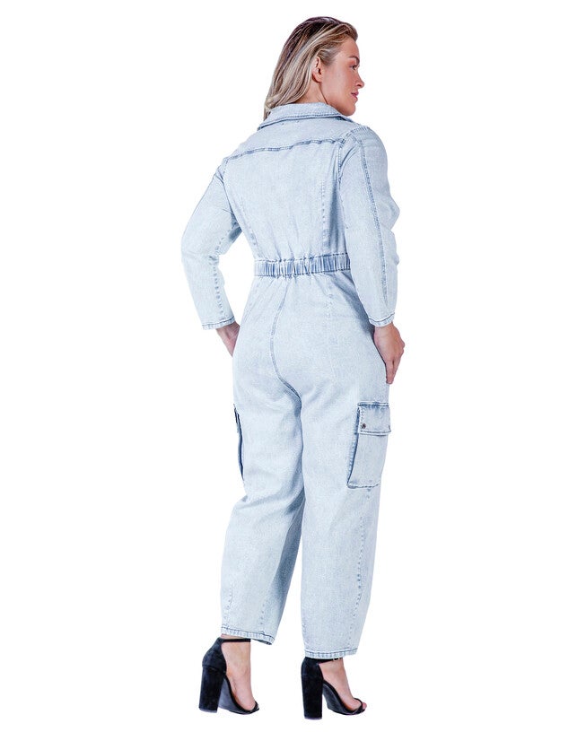 Portia Women's Long Plus Size Sleeves Denim Cargo Jumpsuit, , alternate image number 5