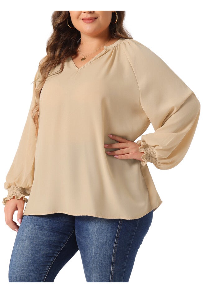 Puff Long Sleeve V-Neck Ruffle Cuffs Blouse, Dark Beige / Beige, alternate image number 1