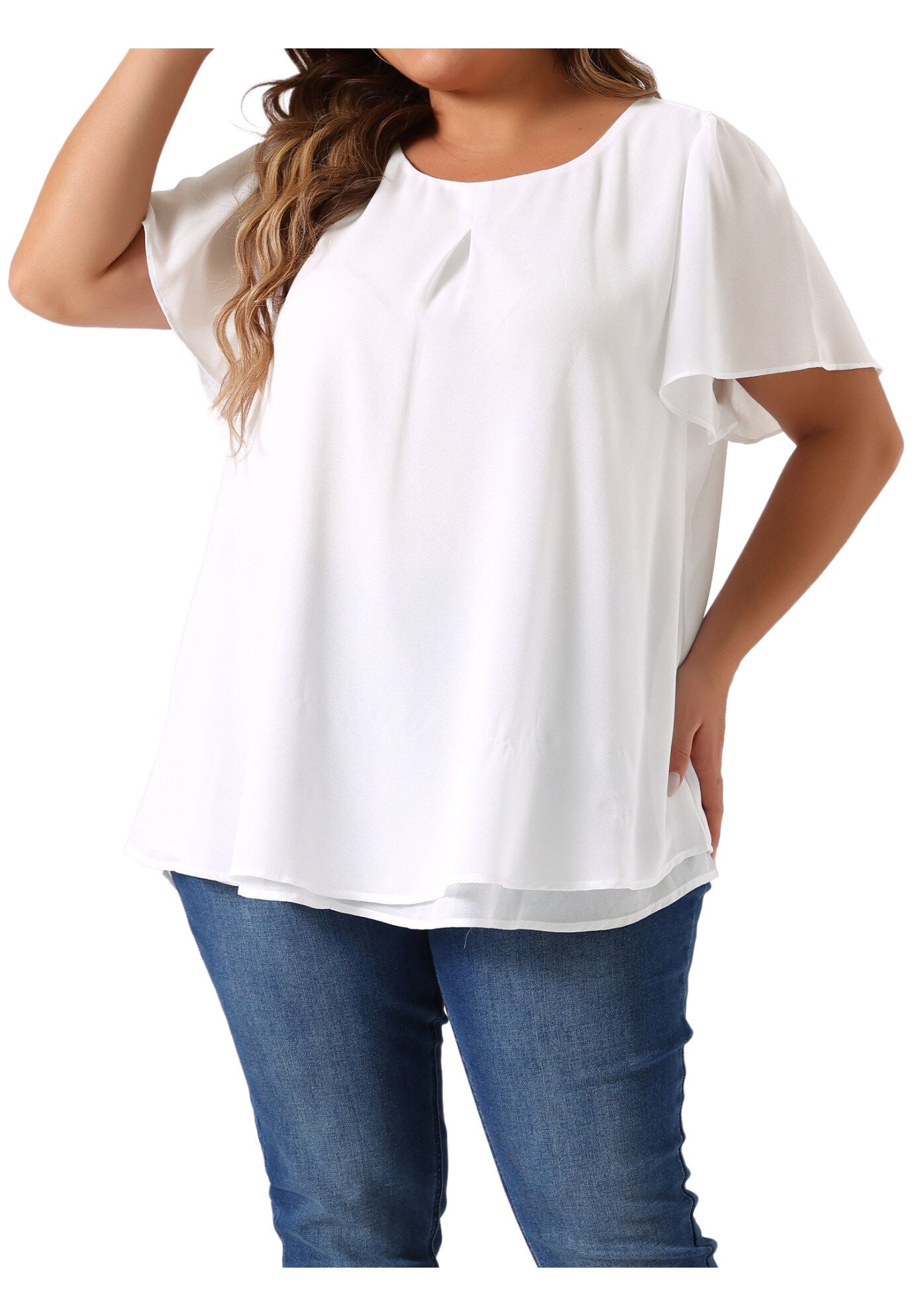 Ruffle Short Sleeve Double-Layered Chiffon Blouse, White / White, alternate image number 1
