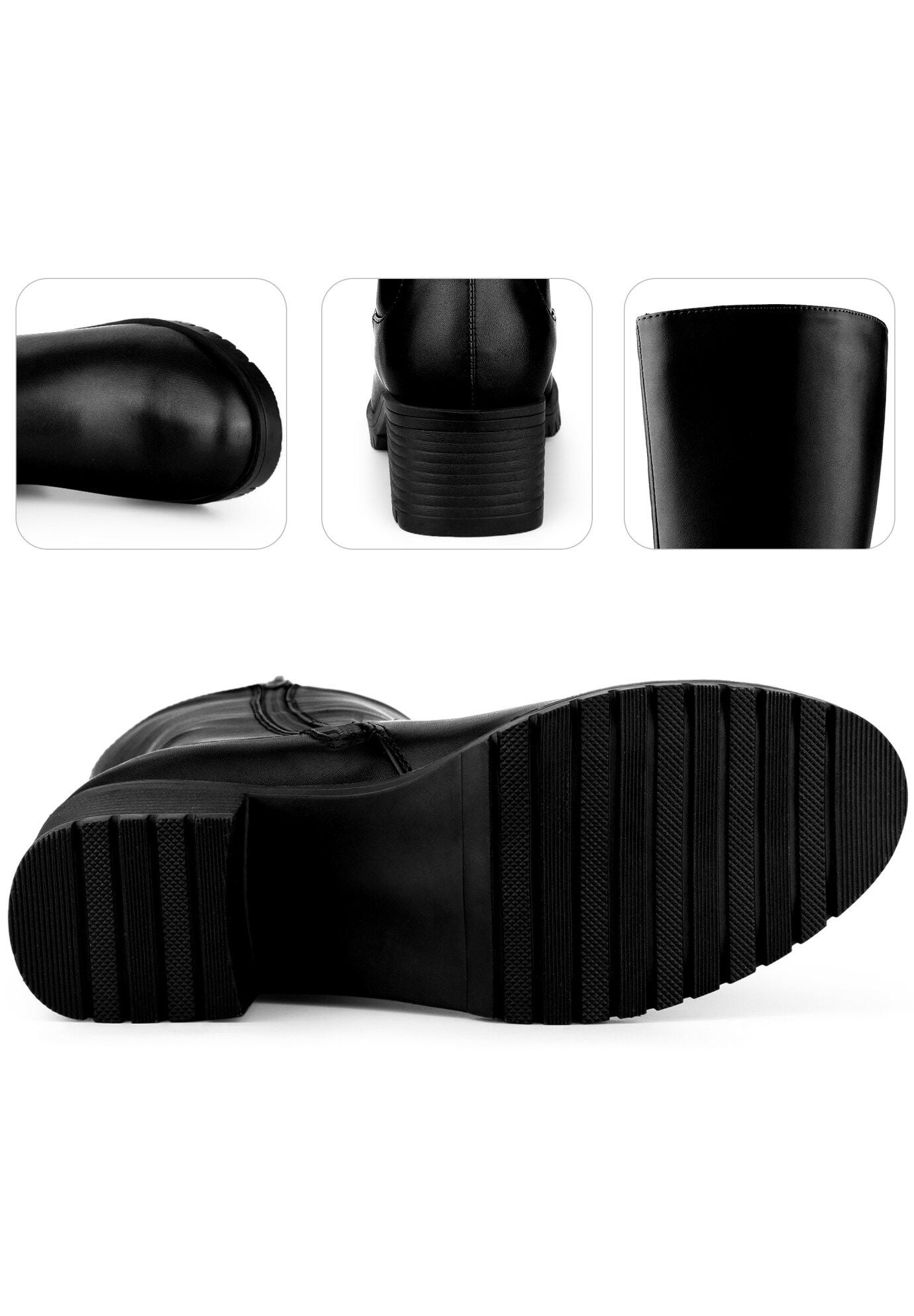 Riding Combat Boot Round Toe Chunky Heels Mid Calf Boots, Black / Black, alternate image number 2