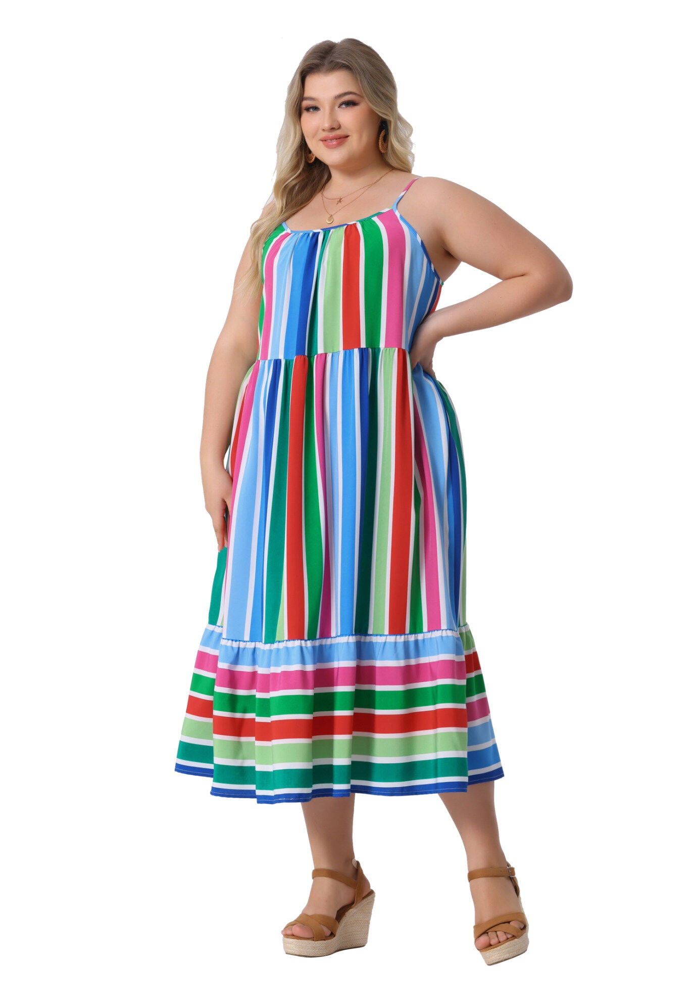 Summer Sleeveless Adjustable Straps Striped Loose Midi Cami Dress, Green Red / Light Blue, hi-res image number 0
