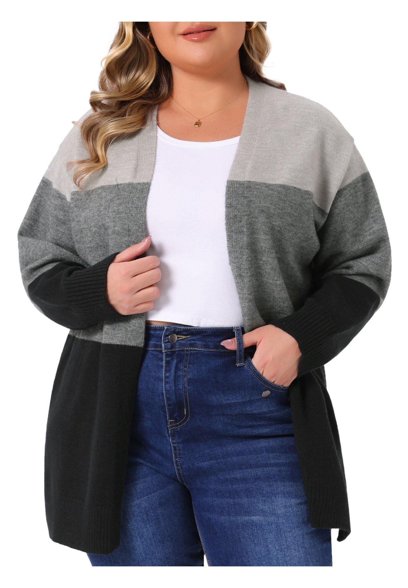 Striped Color Block Long Sleeve Knit Cardigan, Black Grey / Black, alternate image number 2