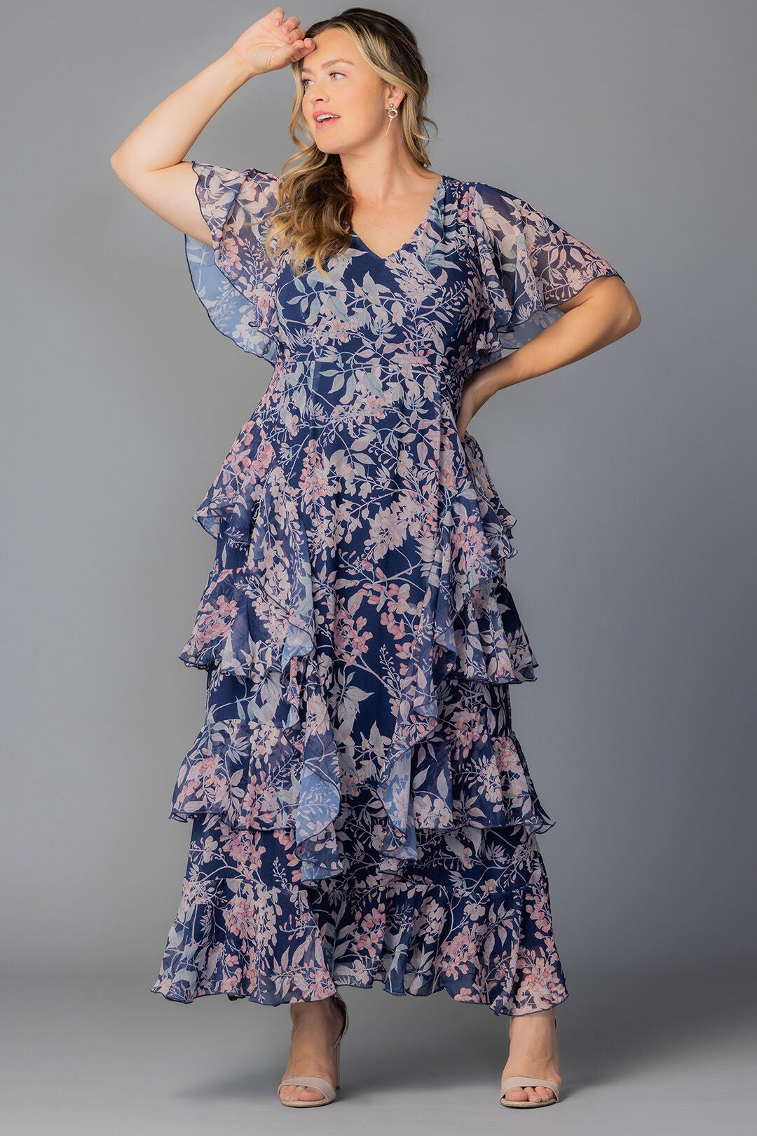 Tour de Flounce Evening Gown, Navy Wisteria Blooms / Navy, alternate image number 4