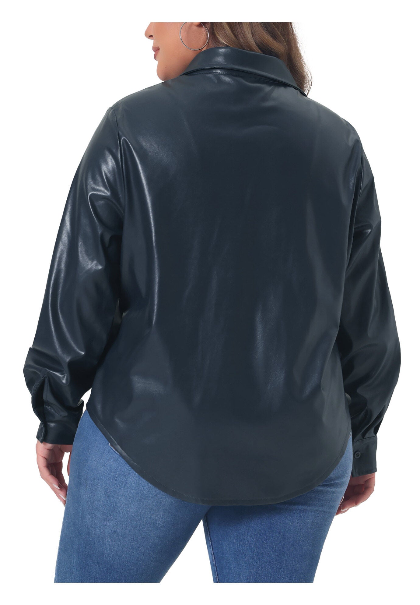 FAUX LEATHER JACKET SHACKET BUTTON DOWN SHIRT, Dark Blue / Navy, alternate image number 3