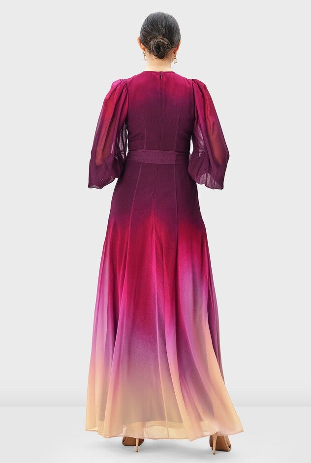 Ombre print georgette sash tie dress, Wine / Pink, alternate image number null