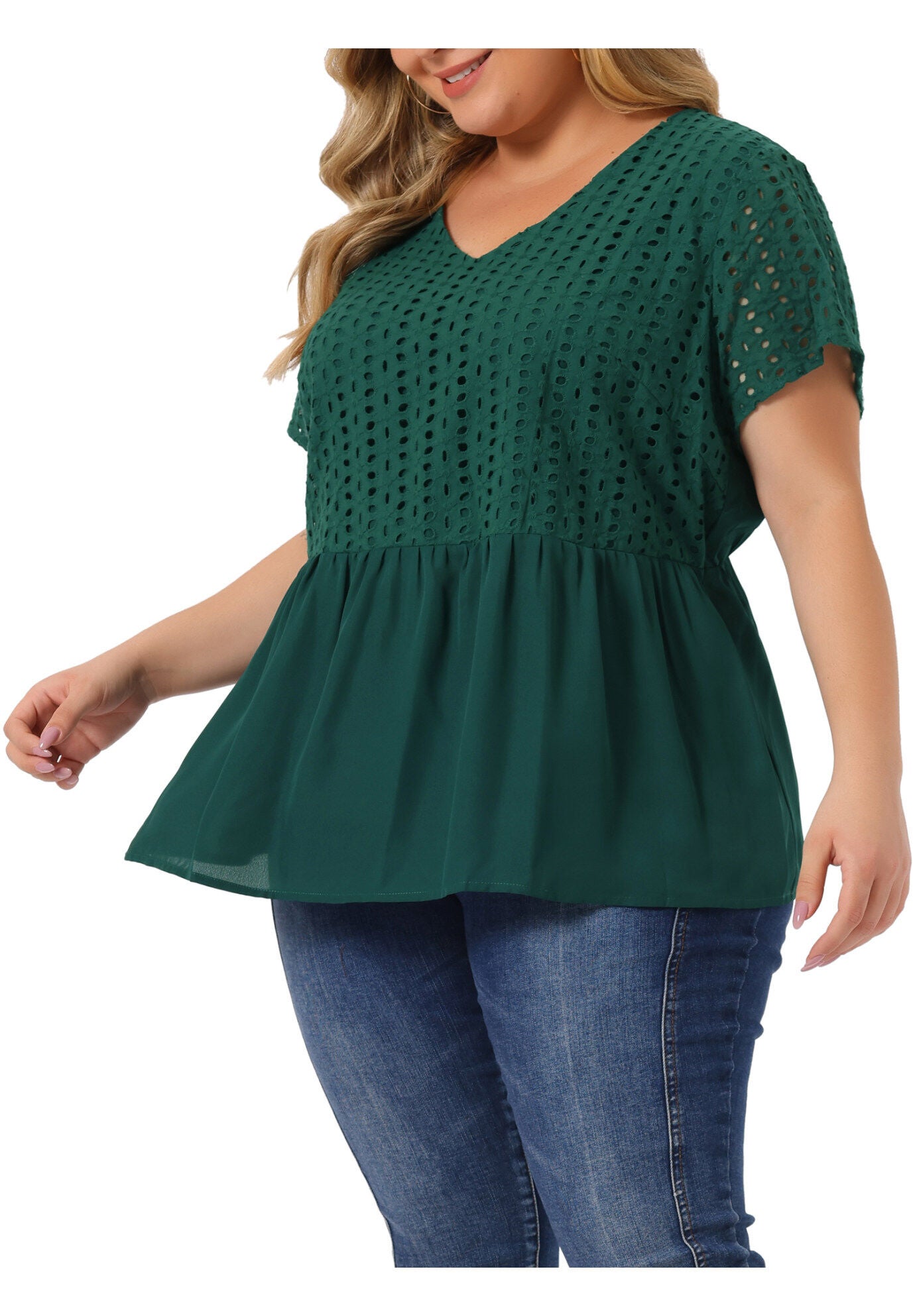PEPLUM BLOUSE SUMMER SHORT SLEEVES V NECK BABYDOLL TOP, Dark Green / Forest Green, alternate image number 1
