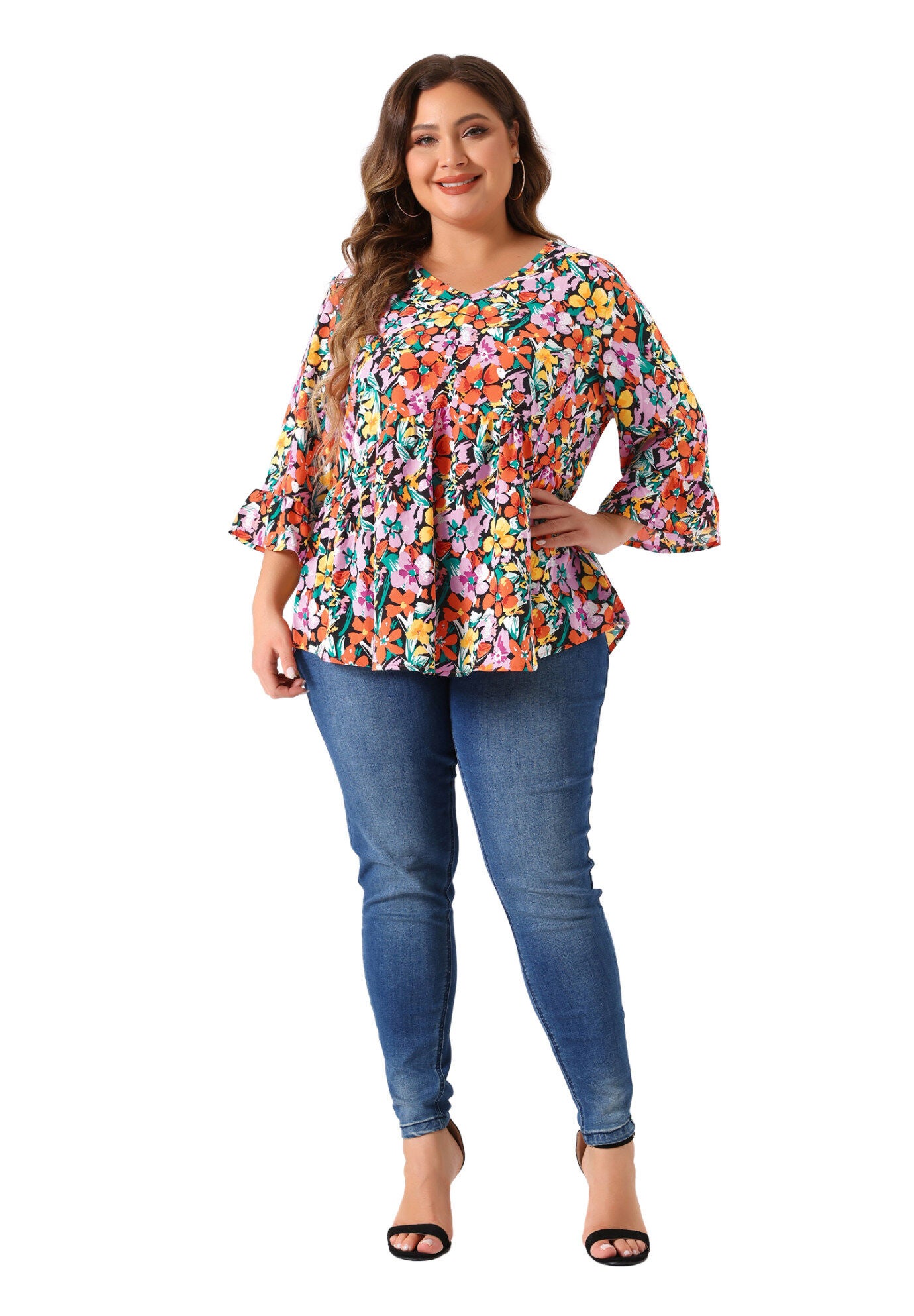 Floral V Neck Ruffle Sleeve Babydoll Peplum Blouse, Orange Black / Orange, hi-res image number 0