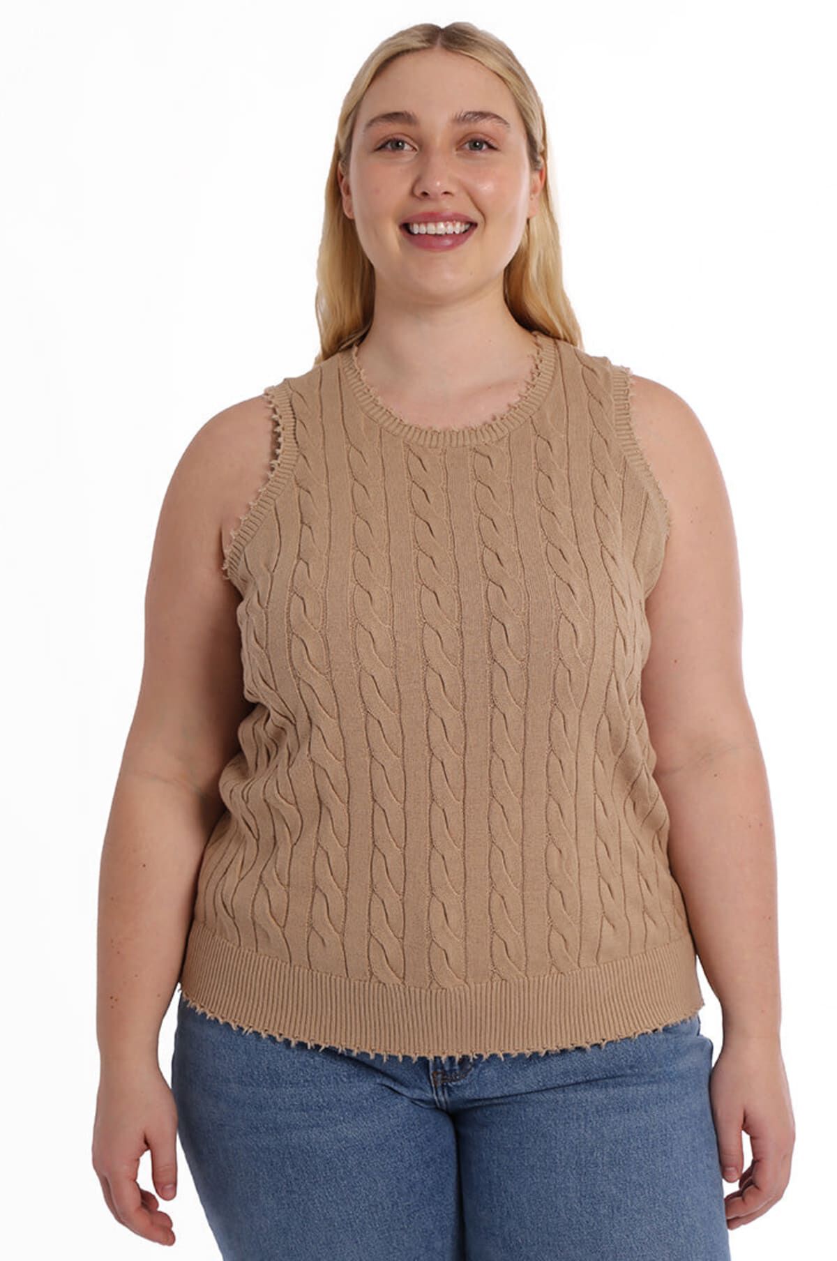 Cotton frayed edge cable tank, Brown Sugar / Beige, hi-res image number 0