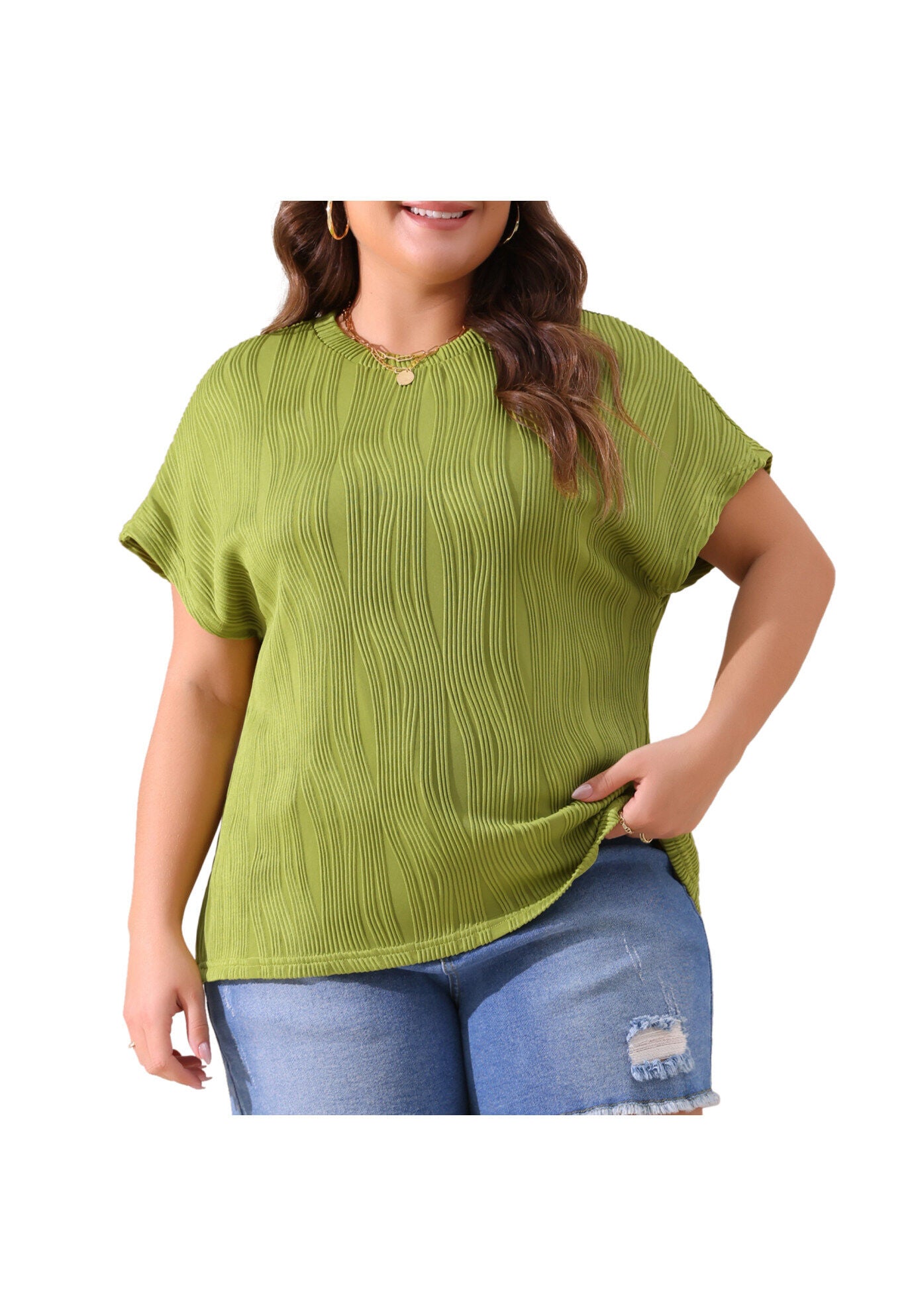Short Sleeve Textured Top Crewneck T-Shirt, Grass Green / Chartreuse, alternate image number 4