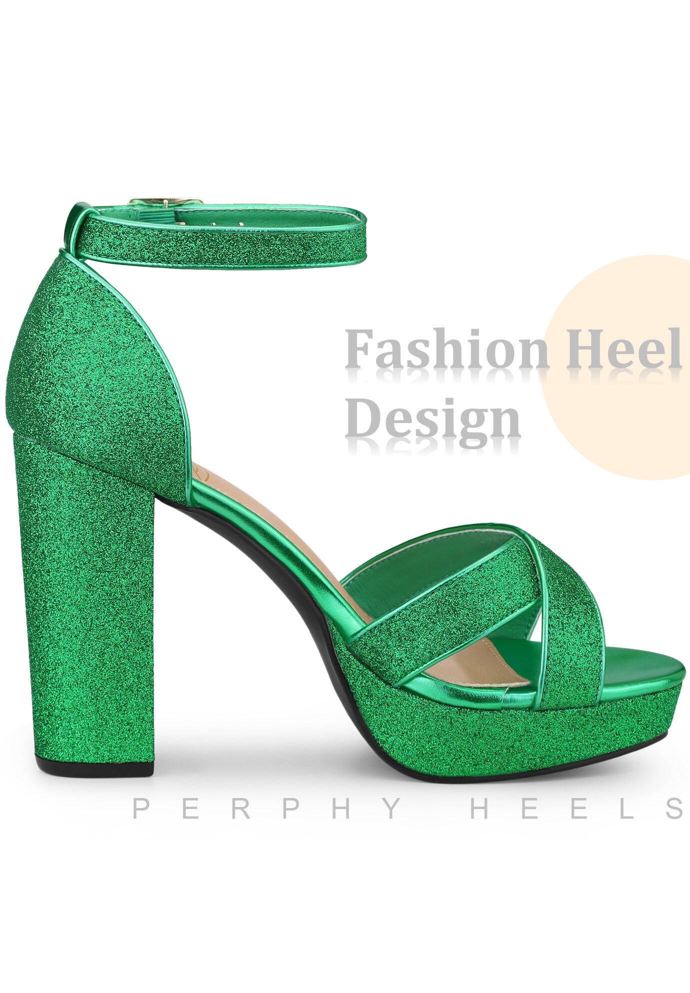 Glitter Platform Crisscross Strap Chunky Heels Sandals, Green / Kelly Green, alternate image number 3
