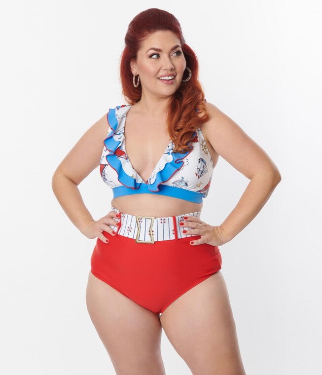 Unique Vintage Red High Waist Belted Swim Bottom, Red / Red, alternate image number null