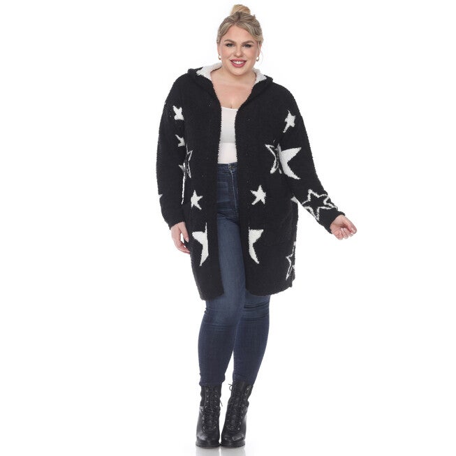 Hooded Open Front Sherpa Coat, BlackWhite Stars / Black, alternate image number null