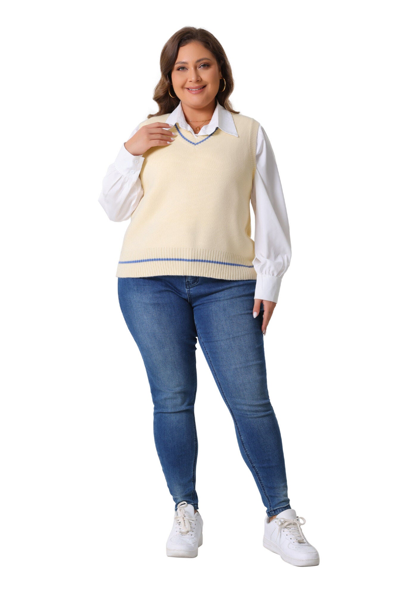 V Neck Stripe Cable Knit Pullover Sweater Vest, Beige / Beige, hi-res image number 0