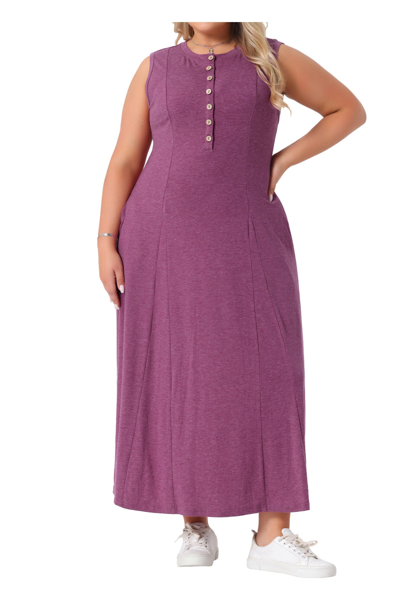 Summer Sleeveless Button A Line Tank Maxi Dress with Pockets, Burgundy / Purple, alternate image number 2