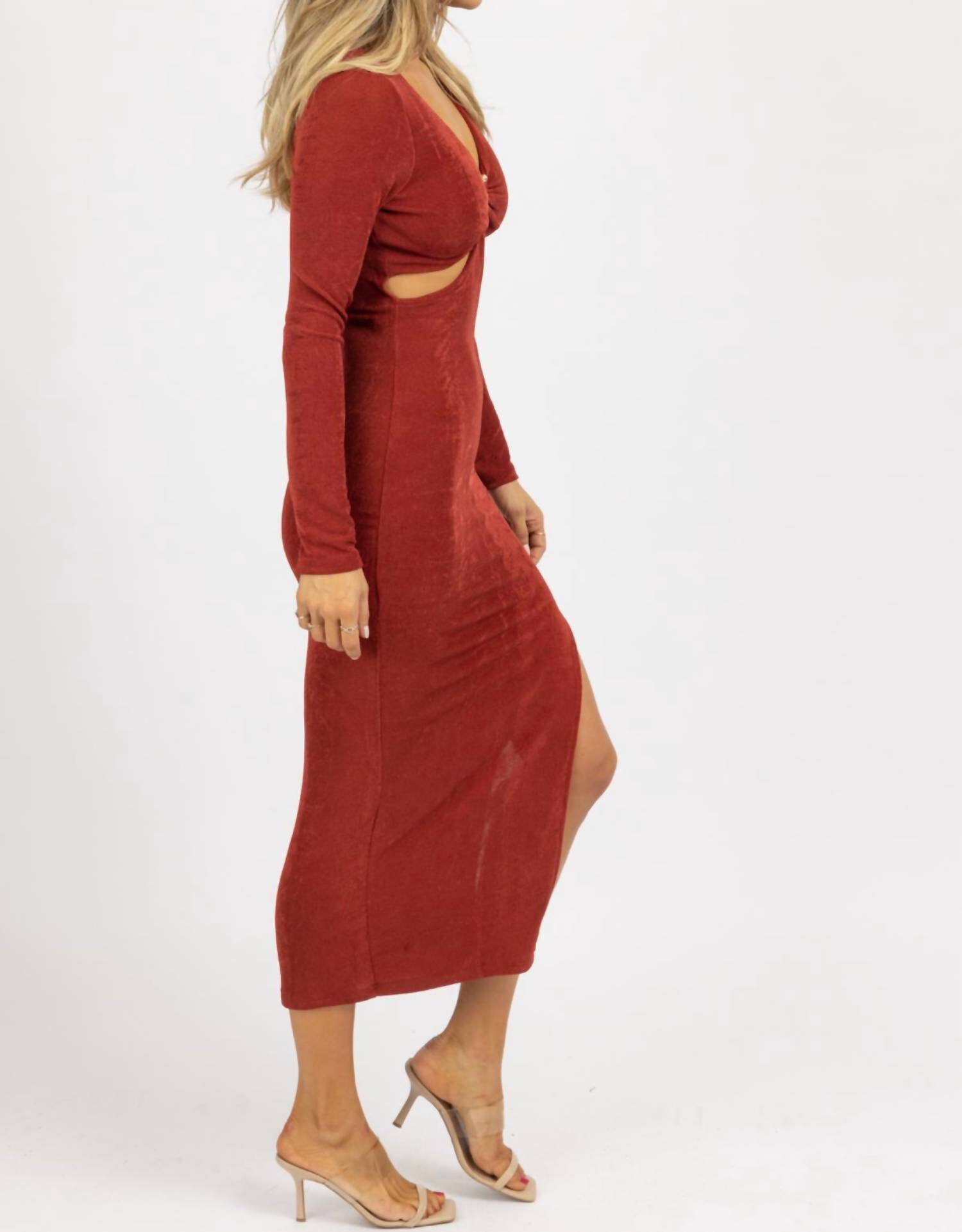 CUTOUT SLINKY SIDE SLIT MIDI DRESS IN WINE, , alternate image number 6