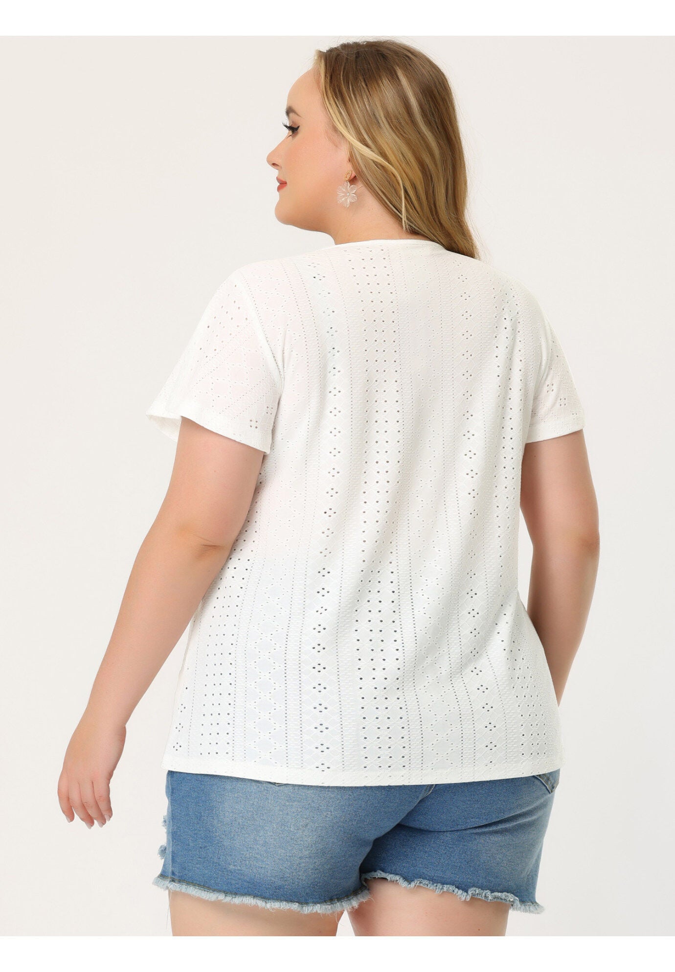 Summer Tee V Neck Hollow Flare Short Sleeve Casual Top Tunic, White / White, alternate image number 3