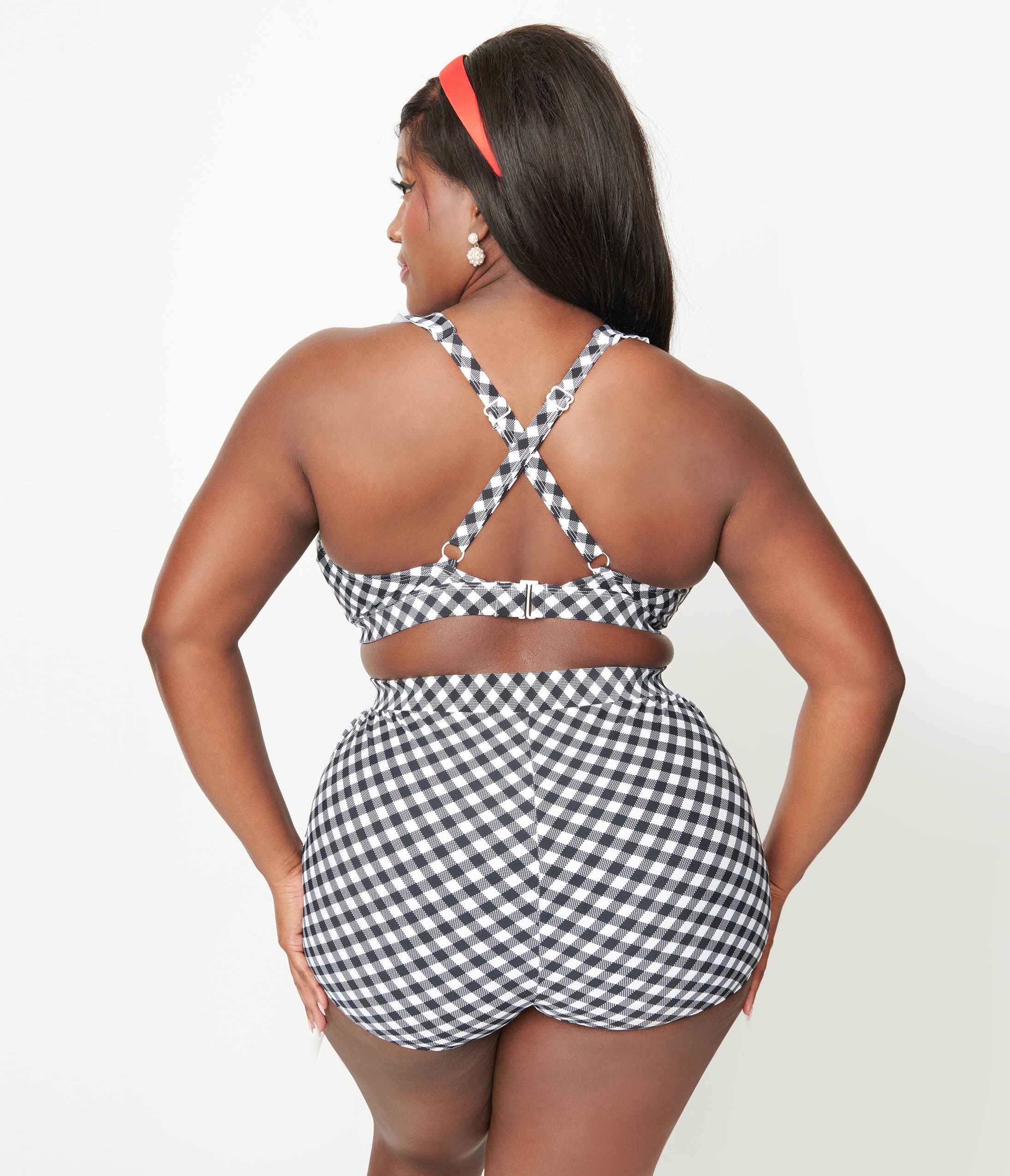 Unique Vintage Black & White Gingham Halter Swim Top, , alternate image number 6