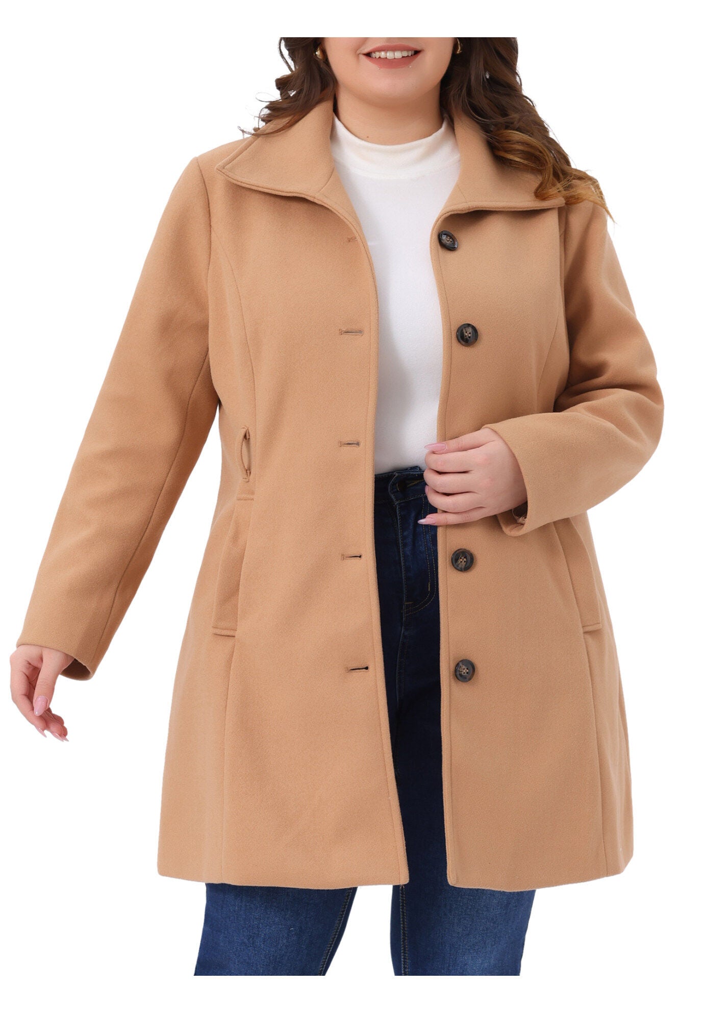 Single Breasted Overcoat Pockets Winter Outerwear with Belt, Camel / Brown, alternate image number 1