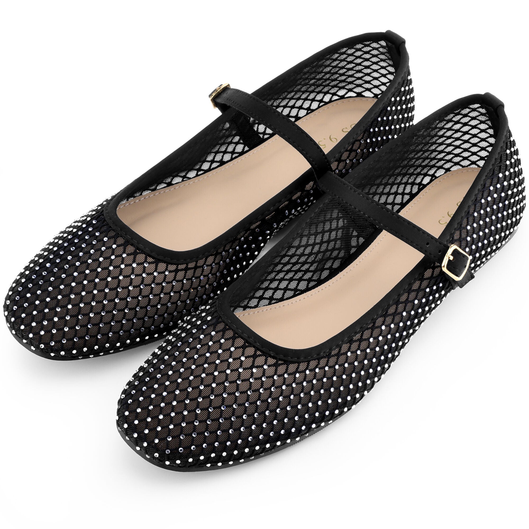 Rhinestone Mesh Flats Buckle Strap slip on Ballet Flat, Black / Black, alternate image number 1