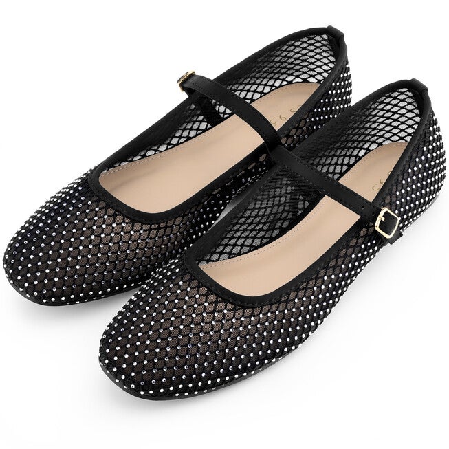 Rhinestone Mesh Flats Buckle Strap slip on Ballet Flat, Black / Black, alternate image number 1