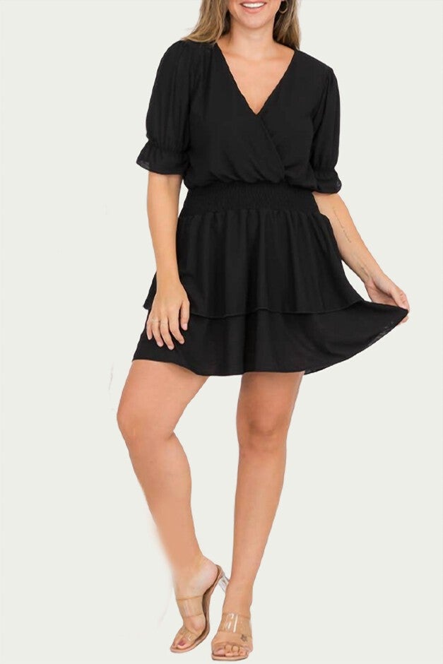 SMOCKED SURPLICE WOVEN MINI DRESS IN BLACK, Black / Black, hi-res image number 0