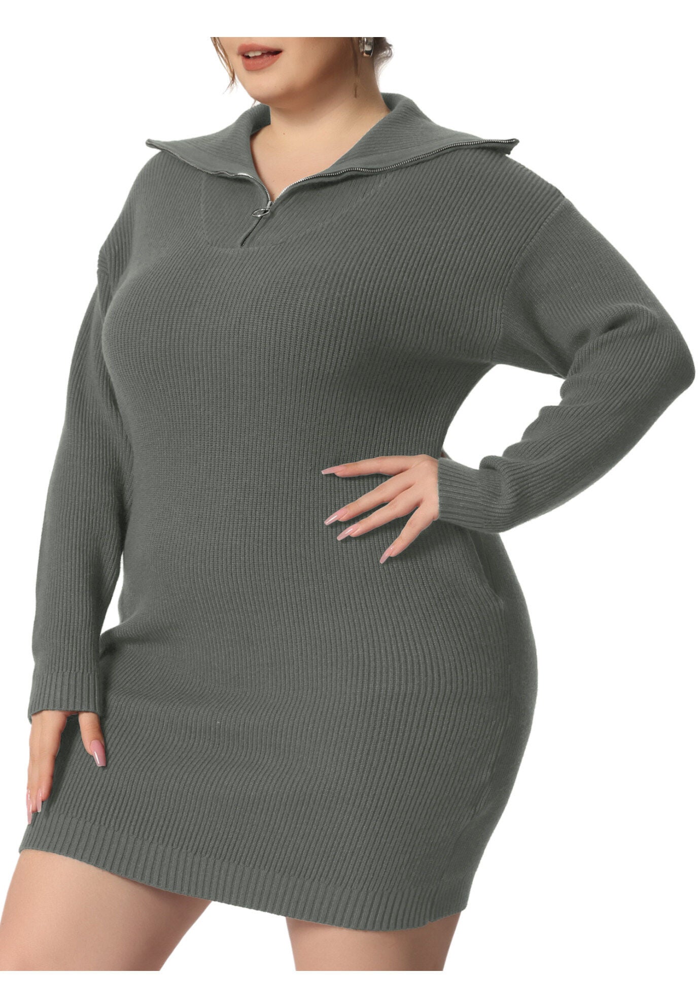Knit Foldover Collar Loose Pullover Jumper Sweater, Gray / Charcoal Grey, alternate image number 3