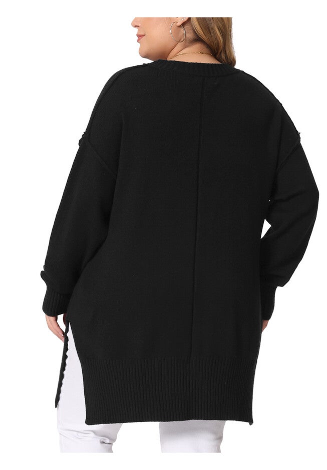OVERSIZED CREW NECK LONG SLEEVE SLIT HEM KNIT PULLOVER SWEATER, Black / Black, alternate image number null