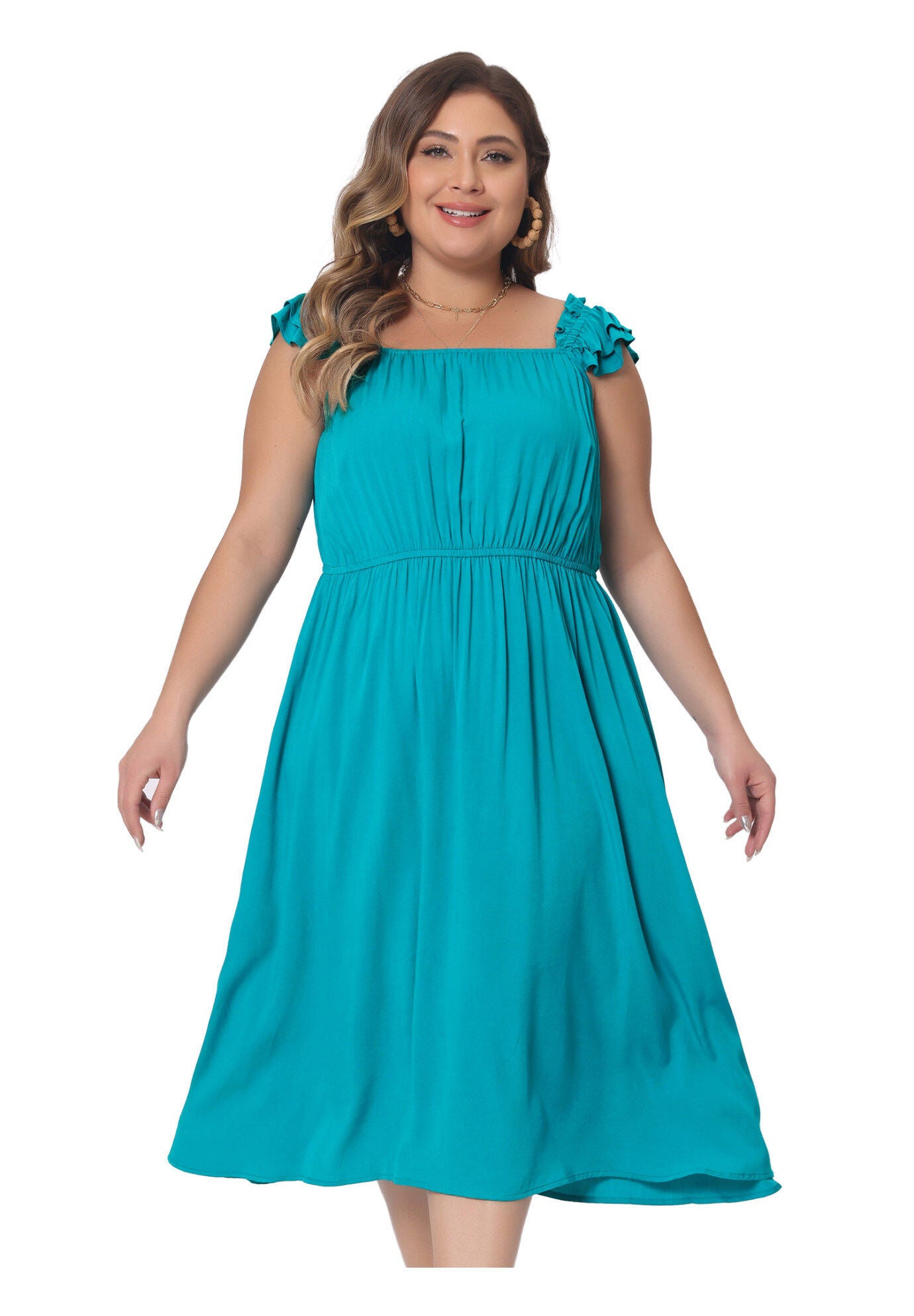 Ruffle Cap Sleeve Shirred Waist A Line Beach Sundress, Lake Blue / Teal, hi-res image number 0
