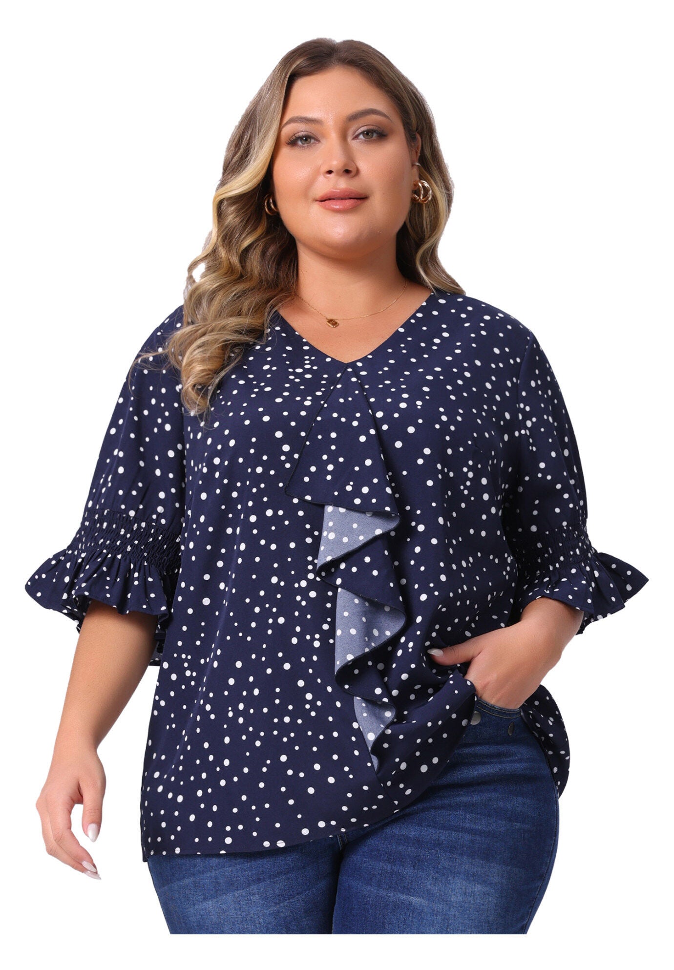 Ruffle Blouse V Neck Smocked Sleeves Top, Dark Blue / Navy, alternate image number 2