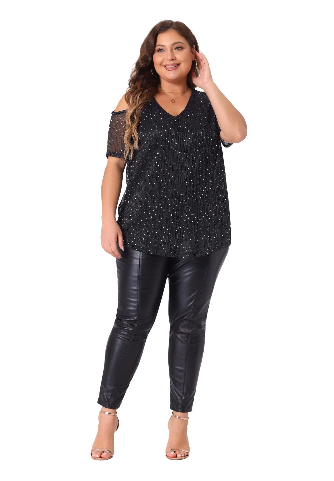 GLITTER SEQUIN COLD SHOULDER SHORT SLEEVE TOP, Black / Black, hi-res image number 0