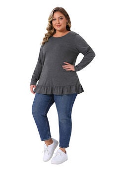 Crew Neck Ruffled Hem Flowy Blouses with Pockets