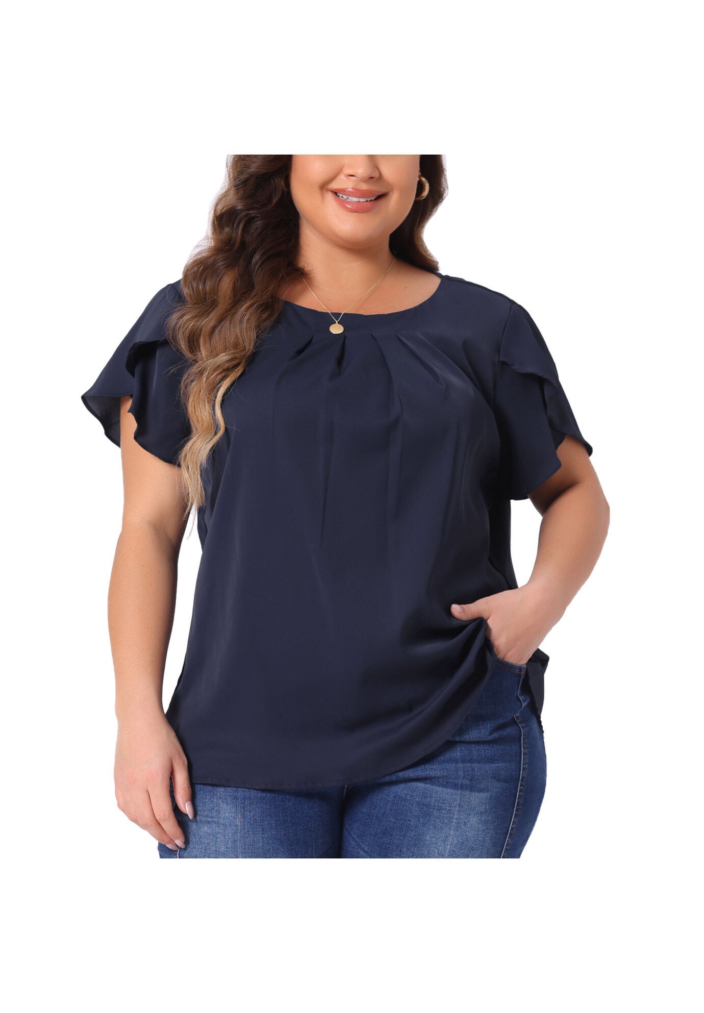 Round Neck Pleated Top Tulip Sleeves Blouse Top, Dark Blue / Navy, alternate image number 2