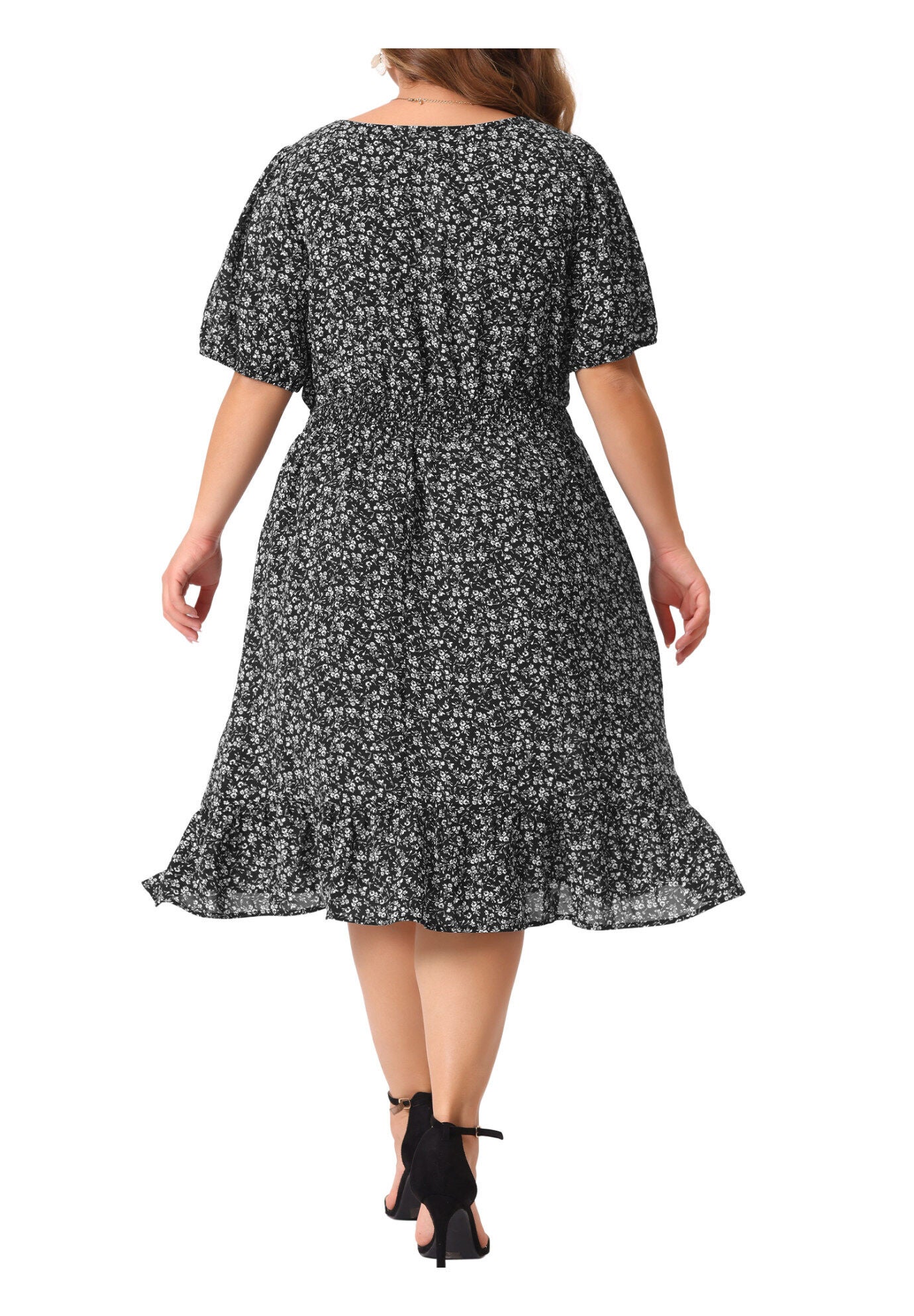 SHORT SLEEVE SQUARE NECK ELASTIC WAIST FLORAL DRESS, Black White / Black, alternate image number 3