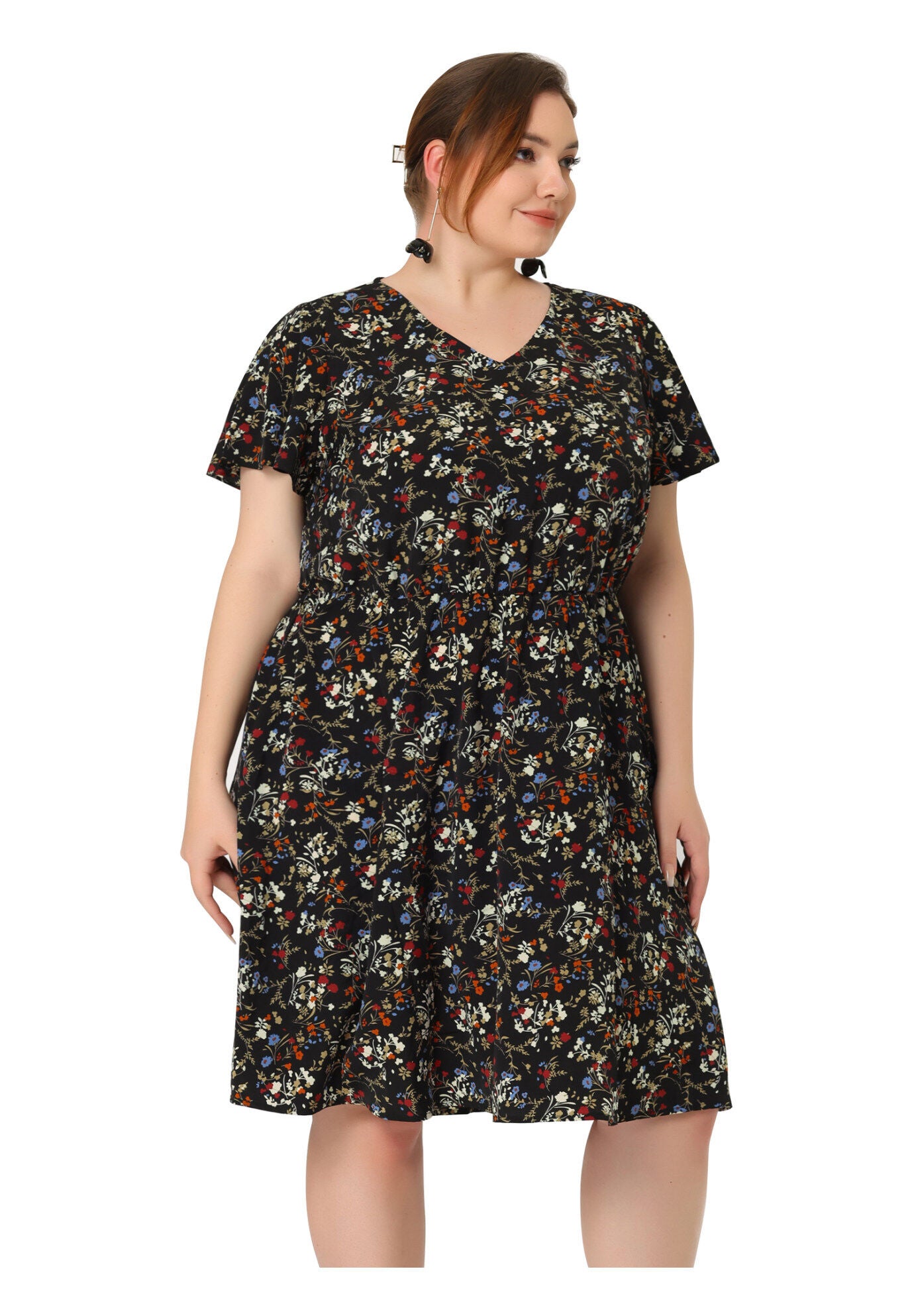 Summer V Neck Flare Sleeve Peplum Midi Ruffle Dress, Black / Black, hi-res image number 0