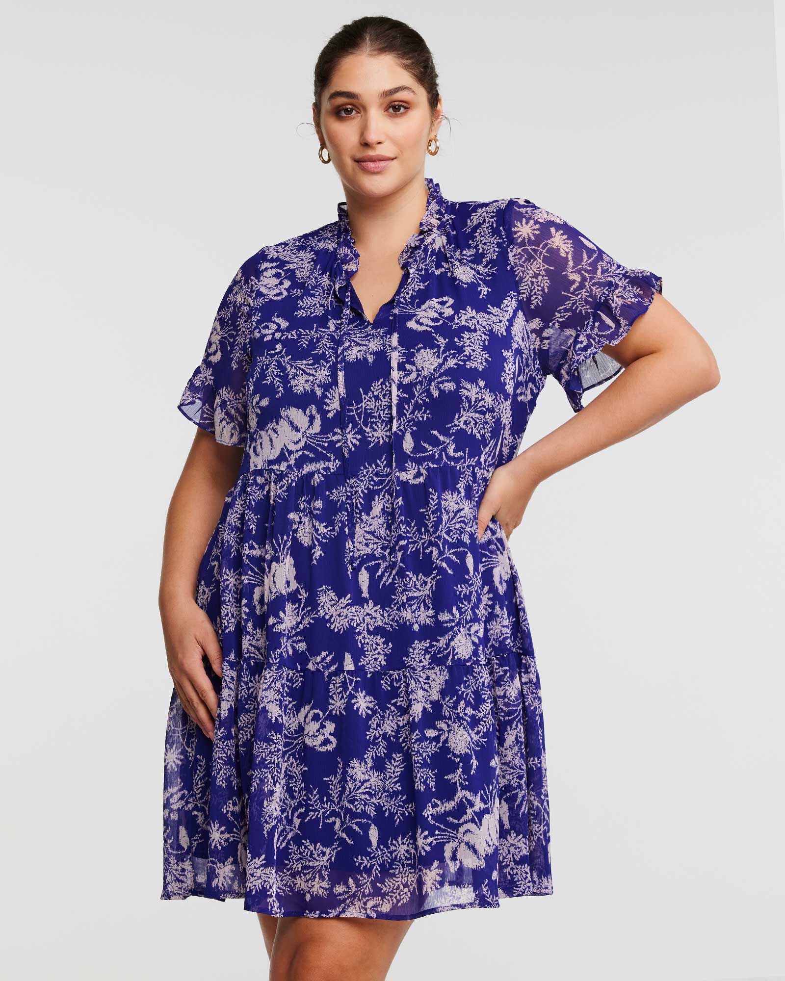 Ultra Leaf Purple Tiered Knee Length Dress, Print / Purple, hi-res image number 0