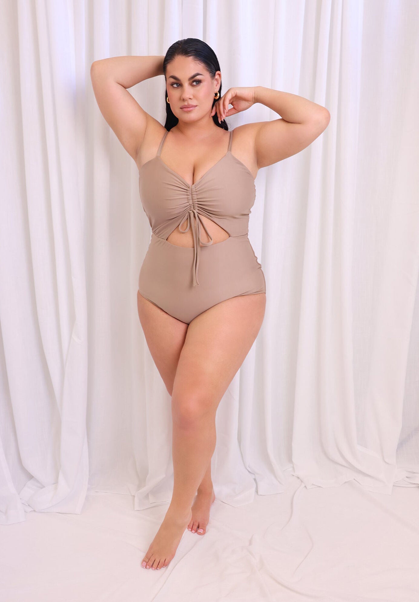 Amara Drawstring Cut Out Swimsuit, Beige / Beige, hi-res image number 0