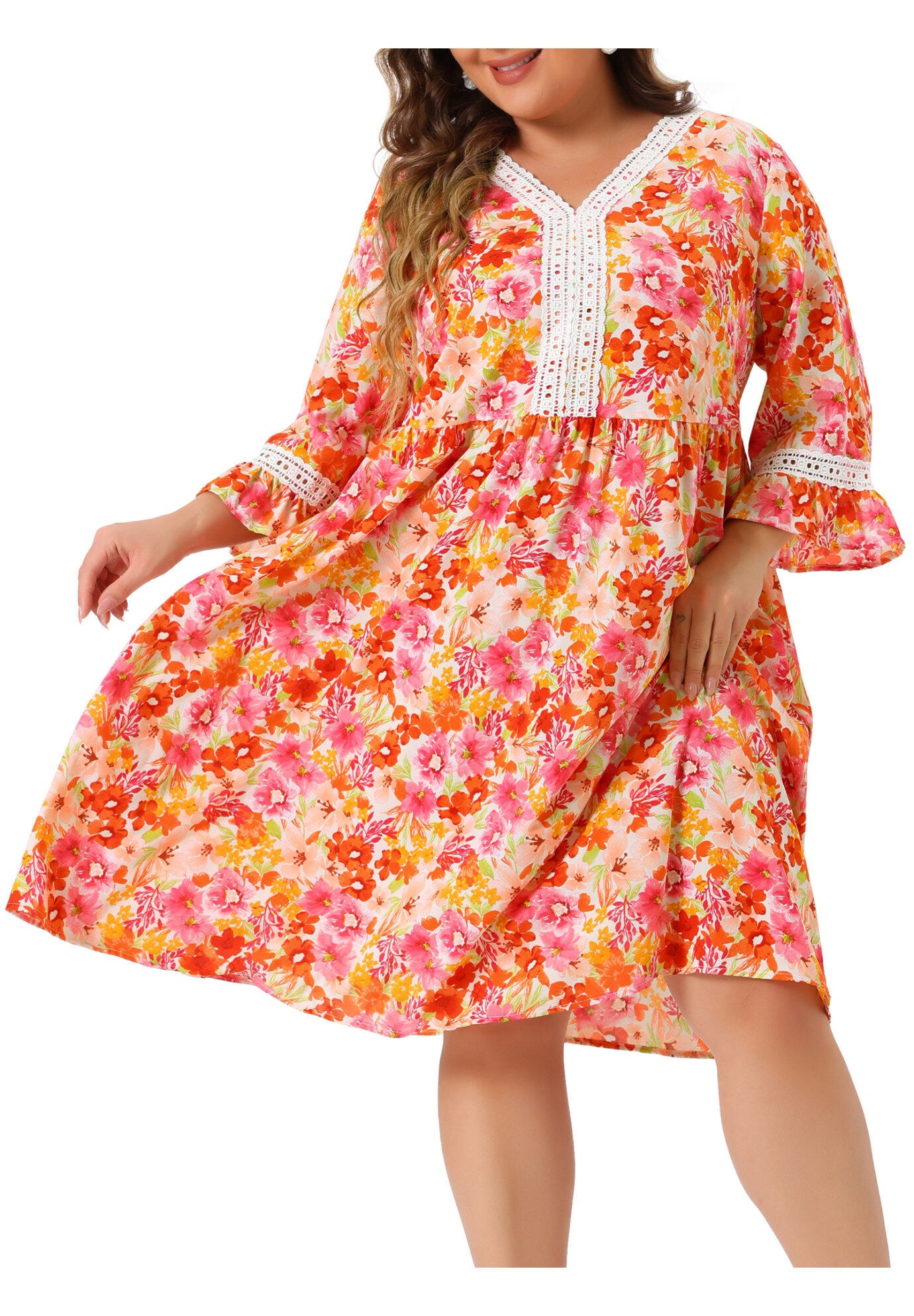 Vintage Lace Floral Ruffle V Neck 3/4 Sleeve Midi Babydoll Dress, Orange / Orange, alternate image number 2