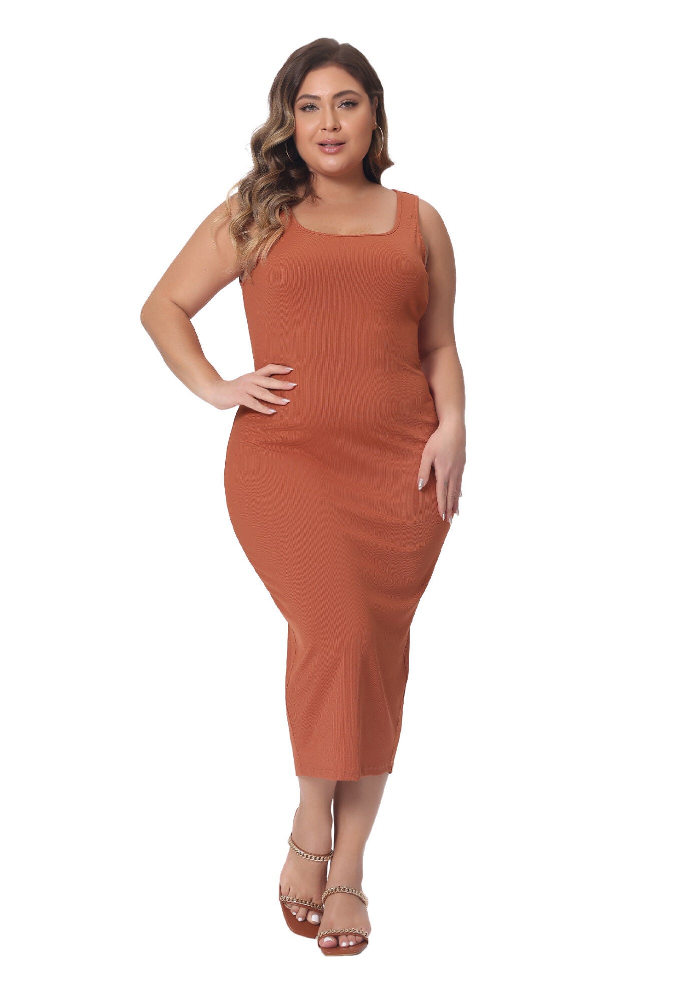 SLEEVELESS SQUARE NECK BODYCON SUNDRESS MIDI TANK DRESS, Orange / Orange, alternate image number 3