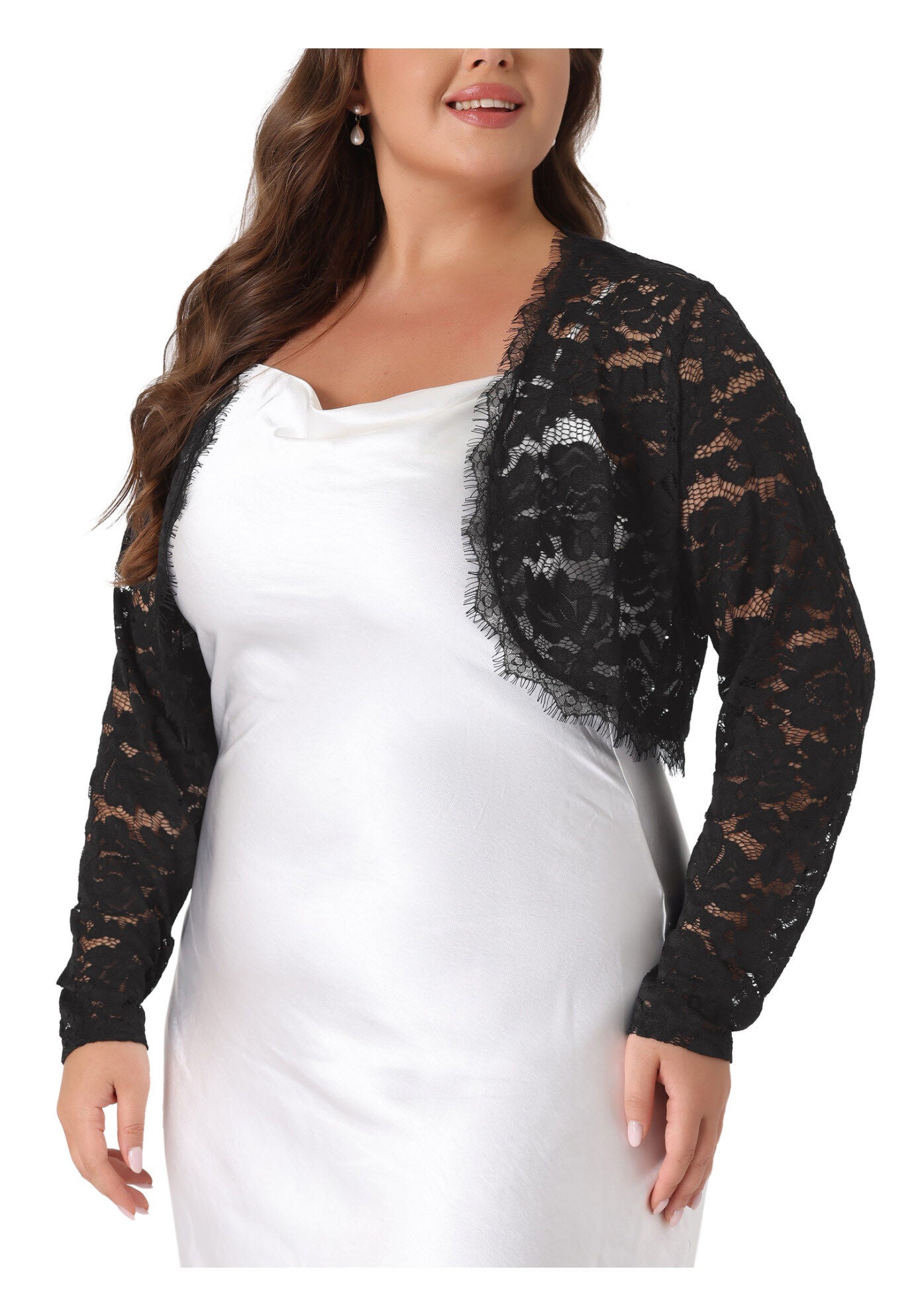 LONG SLEEVE FLORAL LACE SHRUG, Black / Black, alternate image number 2