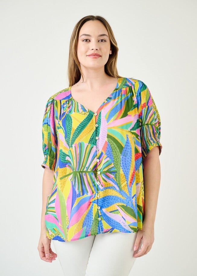 Michaela Tropical Button-Down Top, N684 MULTI / Yellow, alternate image number null